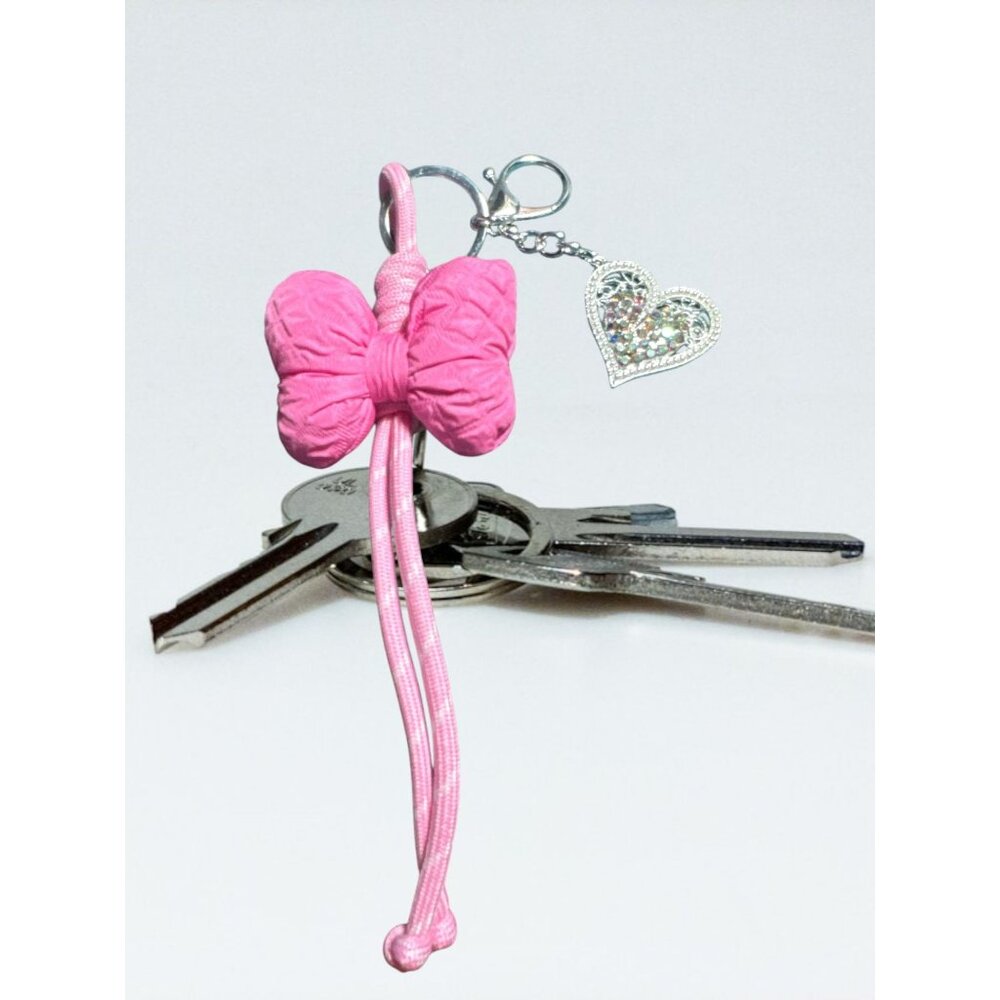 Handmade Pink Butterfly Keychain With Rhinestone Heart Charm Cute Accessory For